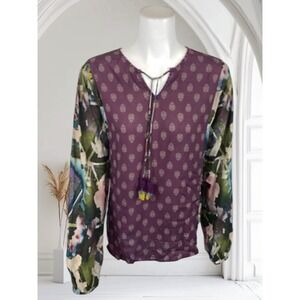 Tolani Collection Mixed Print Long Sleeve Top with Tassels Size S BOHO Floral